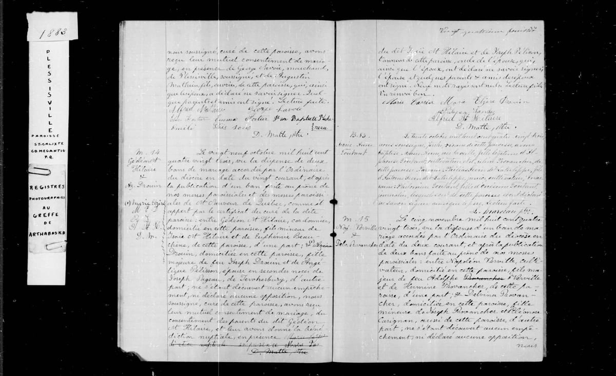 Suite et fin de l'acte M. 13 du mariage d'Augustin Mathieu et de Marie Soucy, Plessisville (St-Calixte-de-Somerset), 29 octobre 1883