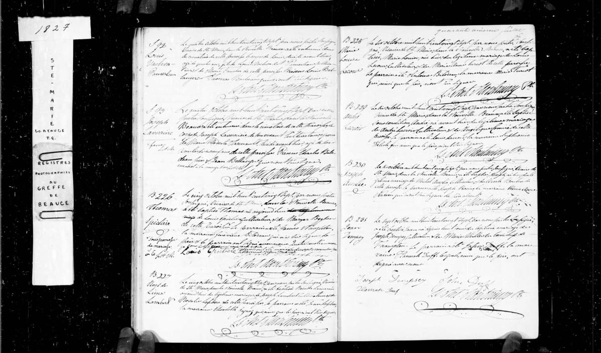Acte B. 226 du baptême de Thomas Spictière (Taschereau), Sainte-Marie-de-Beauce, 5 octobre 1827
