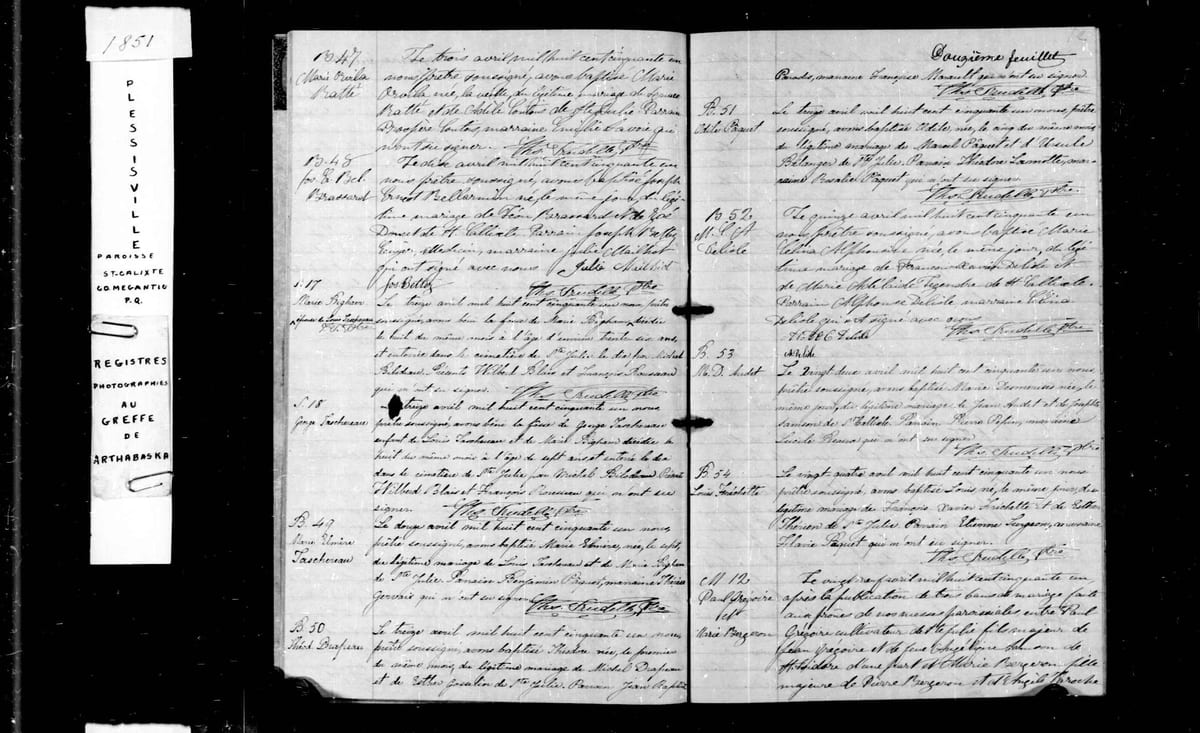 Actes S. 17 et S. 18 des sépultures de Marie Bigham et de George Taschereau, et B. 49 du baptême de Marie-Elmire, Plessisville, avril 1851