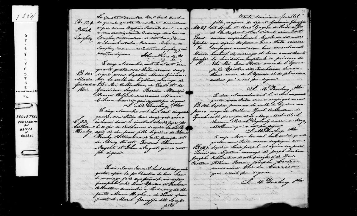 Acte M. 27 du mariage de Louis Epictier dit Taschereau et Marie Genoffe dite Soucy, St-Sylvestre, 6 novembre 1854