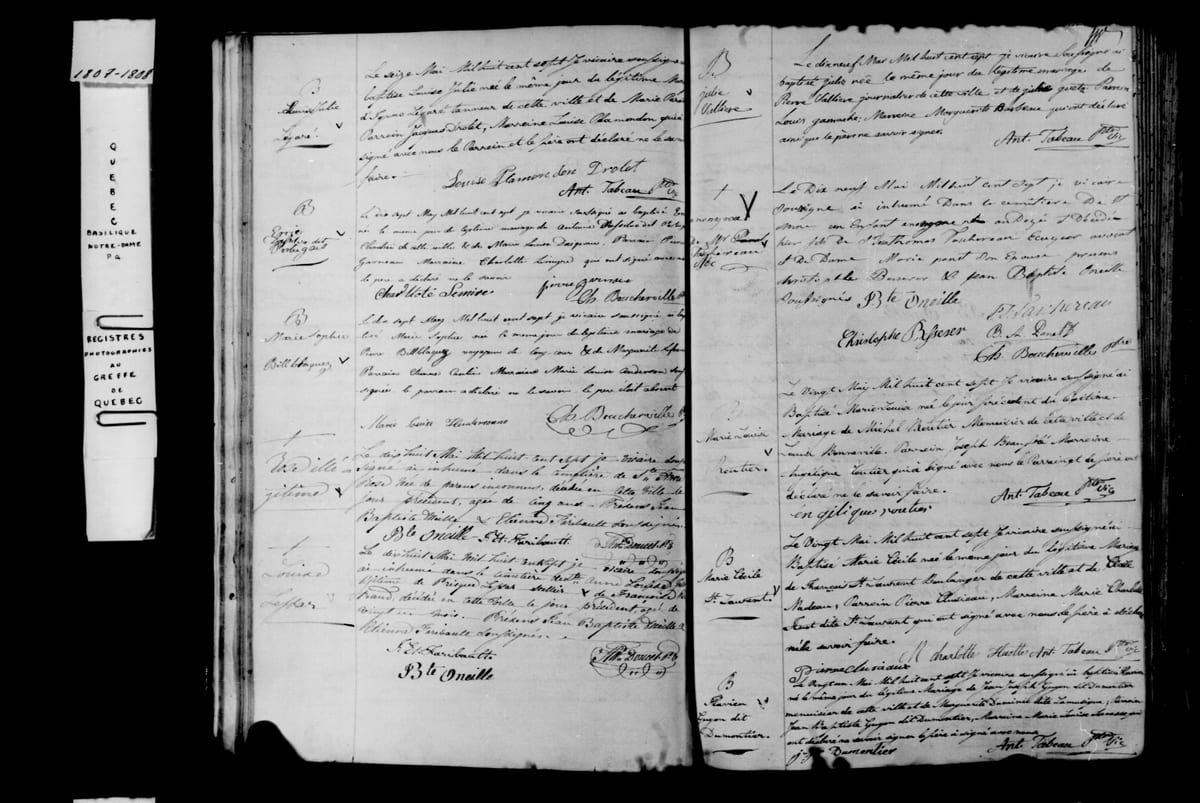 Acte de la sépulture de l'enfant anonyme de Jean-Thomas Taschereau et Marie Panet, Notre-Dame de Québec, 19 mai 1807