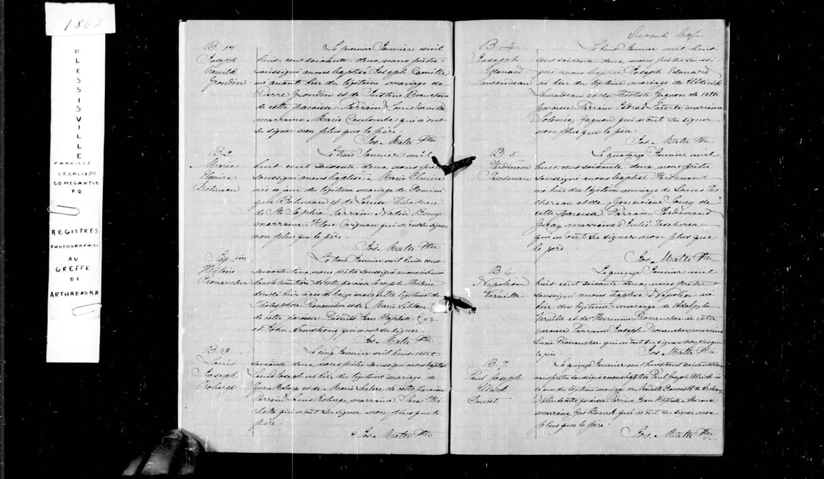 Acte B. 5 du baptême de Ferdinand Taschereau, Plessisville (St-Calixte-de-Somerset), 14 janvier 1862