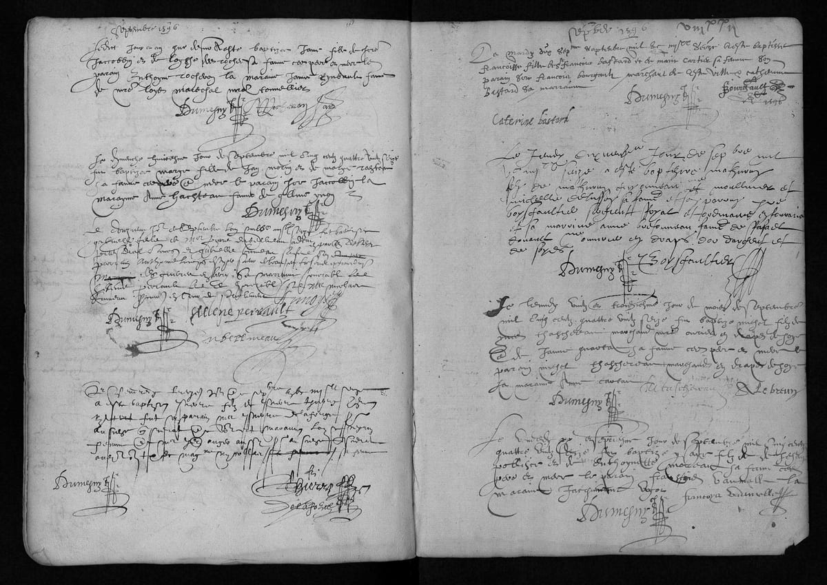 La page du registre des baptêmes de Saint-Pierre-le-Puellier (collection communale, 1586-1612) portant, au lundi 23 septembre 1596, le baptême d'un garçon prénommé Michel, dont le père est marchand maître ouvrier en draps de soie ; le parrain est un Michel Taschereau, la marraine une Cartau.