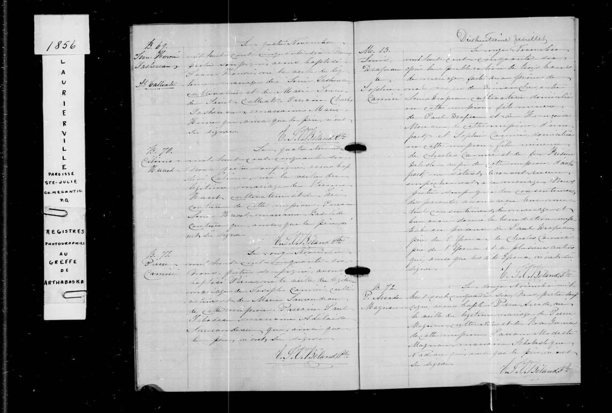 Acte B. 69 du baptême de Jean Honoré Tashereau, Laurierville (Ste-Julie-de-Somerset), 4 novembre 1856