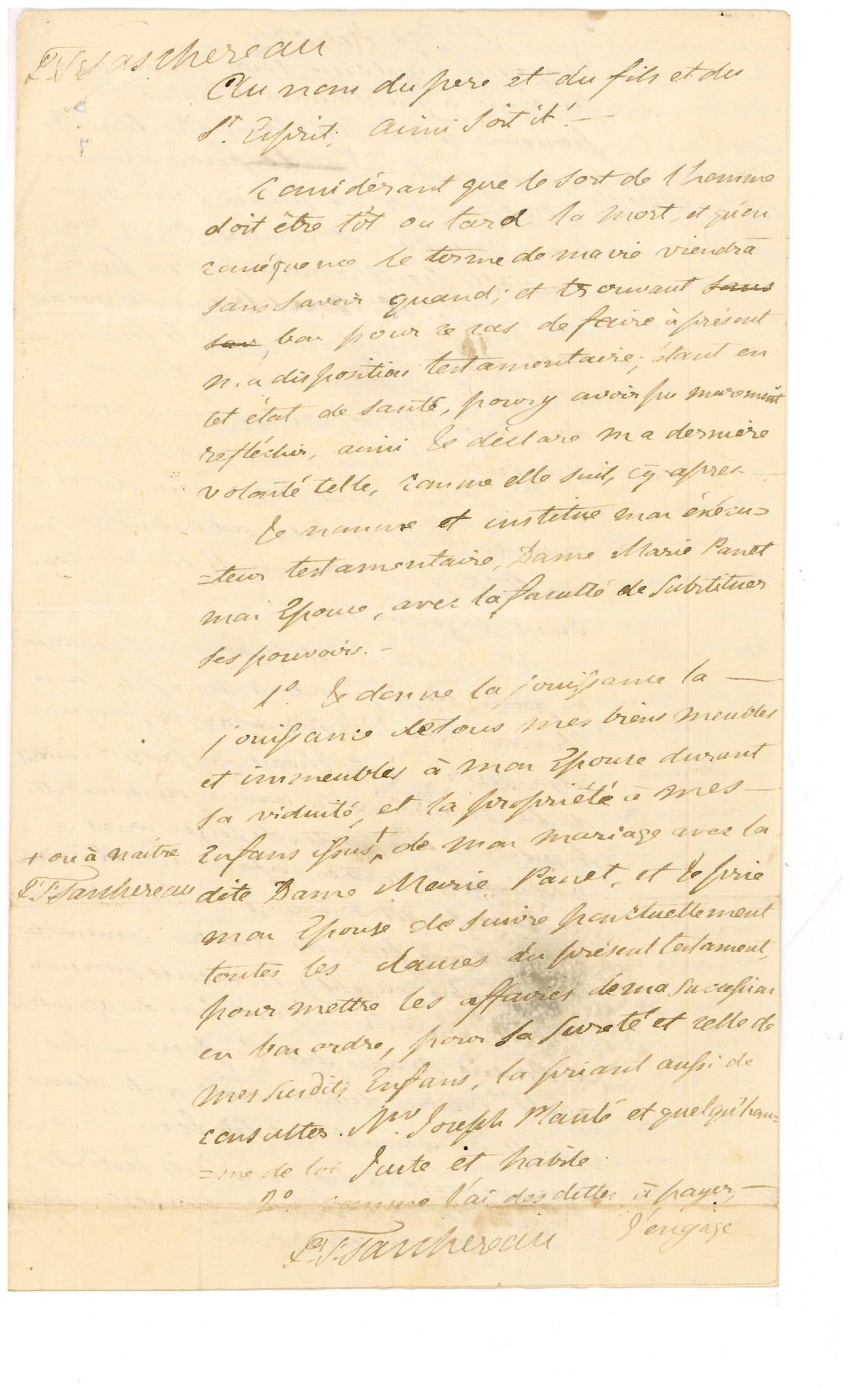 Testament olographe de Jean-Thomas Taschereau, 11 juin 1819 — original, page 1