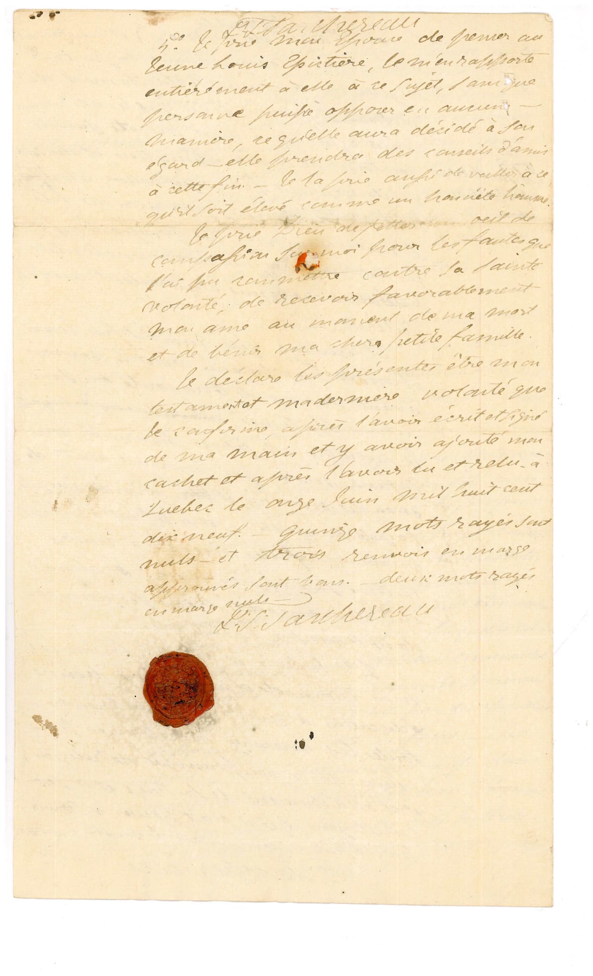 Testament olographe de Jean-Thomas Taschereau, 11 juin 1819 — original, page 4