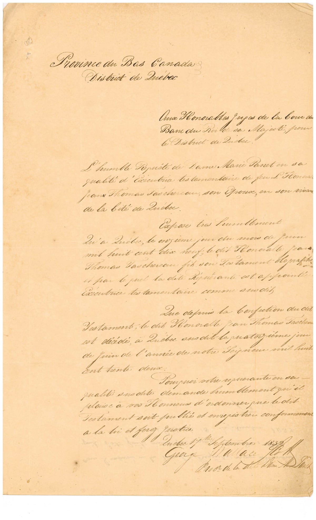 Requête de Marie Panet en publication du testament, 17 septembre 1832