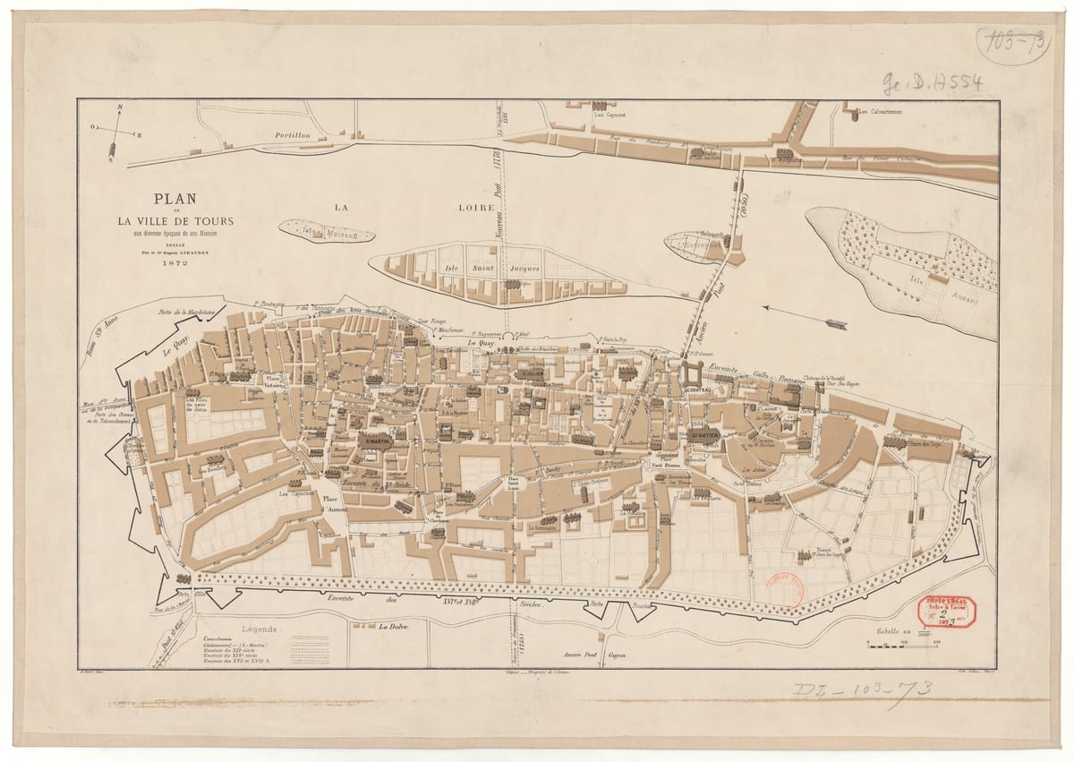 Plan de la ville de Tours aux diverses époques de son Histoire (Eugène Giraudet, 1872)