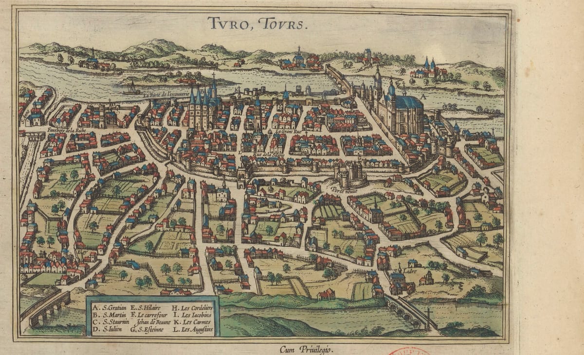 Vue cavalière de Tours gravée pour le « Civitates orbis terrarum » de Georg Braun et Frans Hogenberg. La ville close est vue du sud : la Loire et son pont de pierre au fond, les faubourgs et la campagne au premier plan. Une légende de onze renvois nomme les églises et les couvents — Saint-Gatien, Saint-Martin, Saint-Saturnin, Saint-Julien, Saint-Hilaire, Saint-Étienne, les Cordeliers, les Jacobins, les Carmes, les Augustins — et le carrefour Jehan de Beaune.